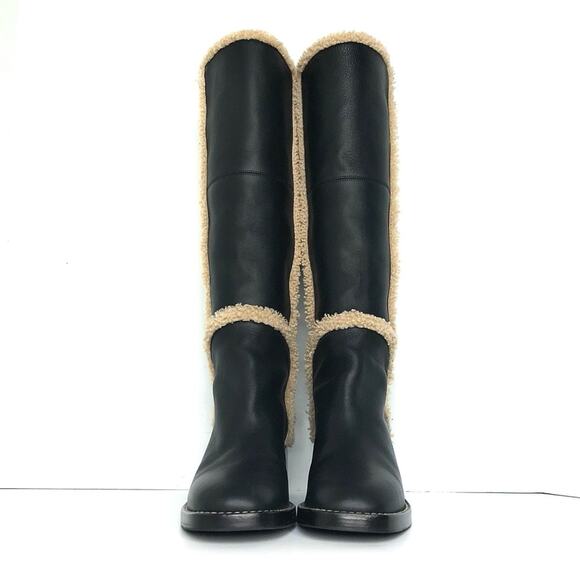 Gucci Shearling Trim Black Leather Knee High Pull On Riding Boots 37 - Picture 6 of 10